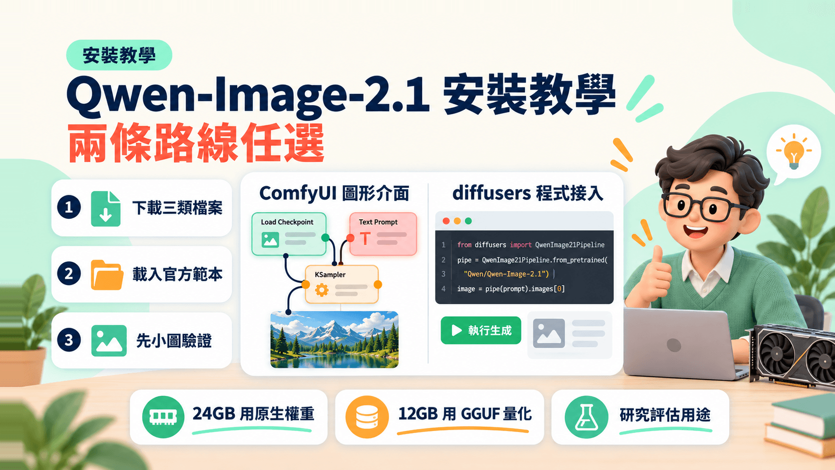Qwen-Image-2.1 安裝教學:ComfyUI 與 diffusers 兩條路線,從下載到第一張圖