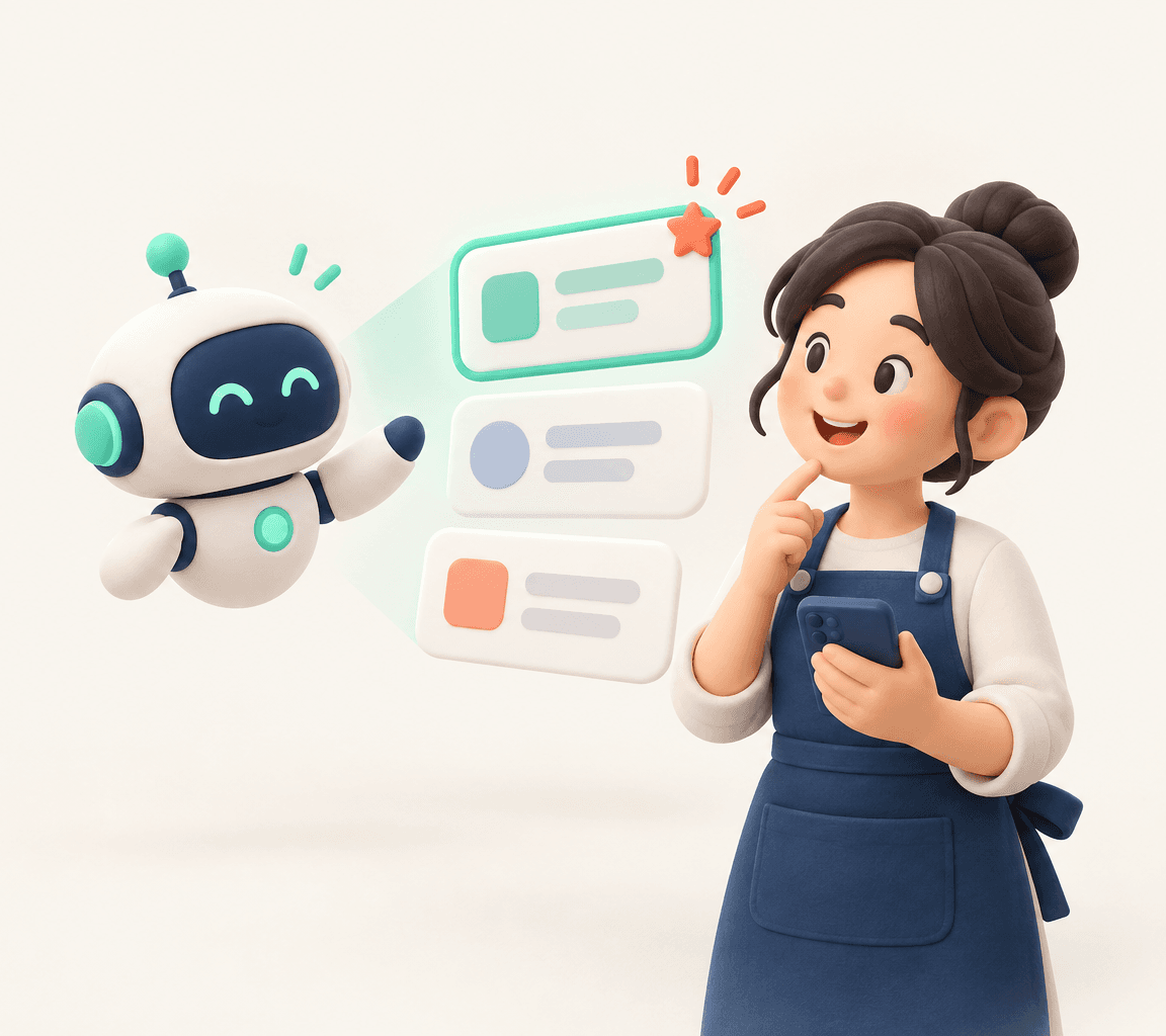 店家拿著手機詢問 AI 助理,AI 列出幾個推薦的品牌,其中一個被標記出來